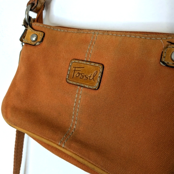 Vintage Fossil Orange Leather & Canvas Crossbody Clutch Bag w/ Shoulder Strap‎ - Picture 4 of 15